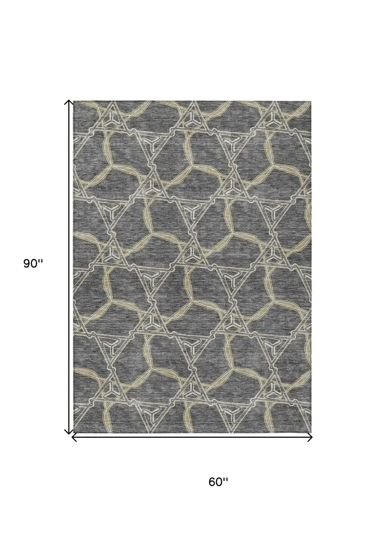 5' X 8' Charcoal And Gold Geometric Washable Indoor Outdoor Area Rug