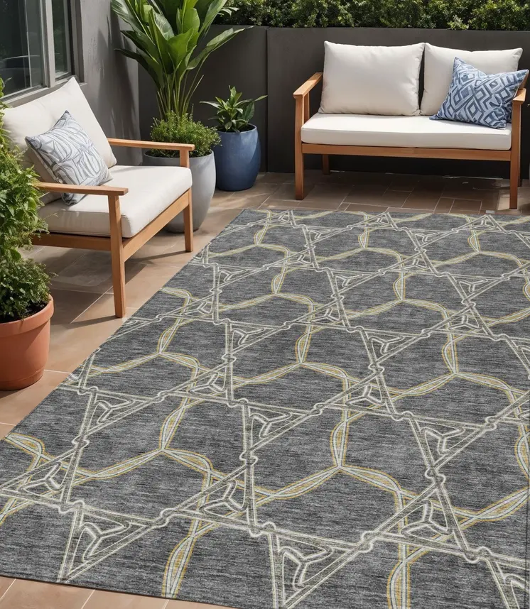 5' X 8' Charcoal And Gold Geometric Washable Indoor Outdoor Area Rug