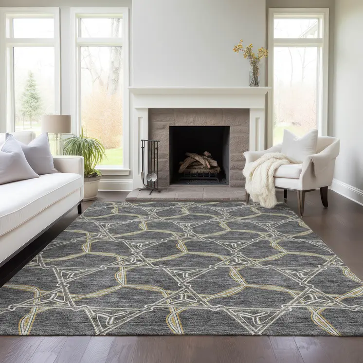 5' X 8' Charcoal And Gold Geometric Washable Indoor Outdoor Area Rug
