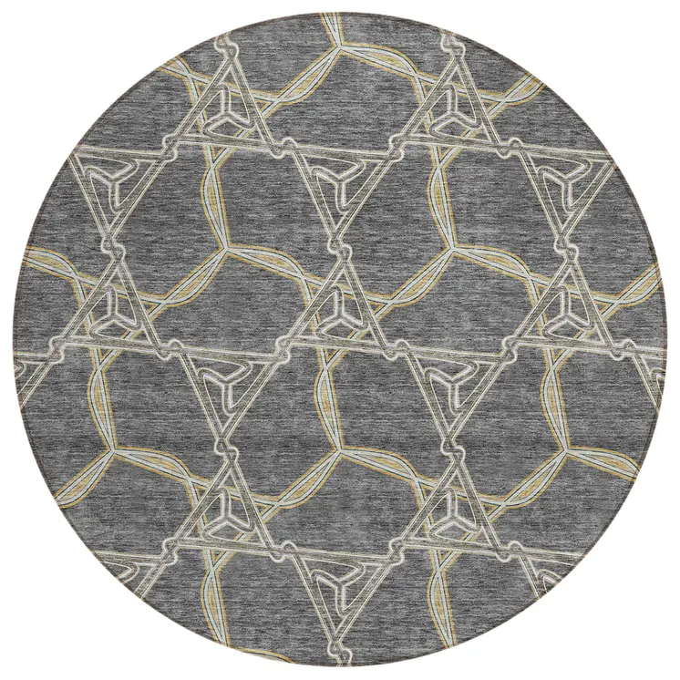 8' Charcoal And Gold Round Geometric Washable Indoor Outdoor Area Rug