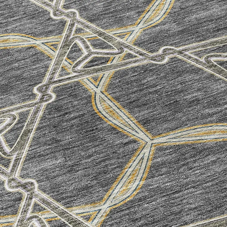 8' Charcoal And Gold Round Geometric Washable Indoor Outdoor Area Rug