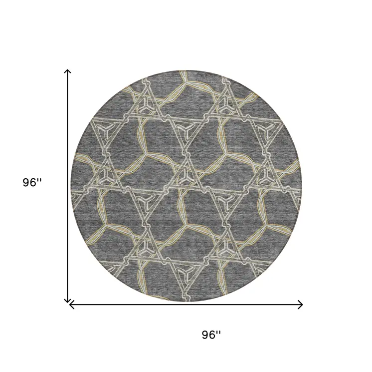 8' Charcoal And Gold Round Geometric Washable Indoor Outdoor Area Rug