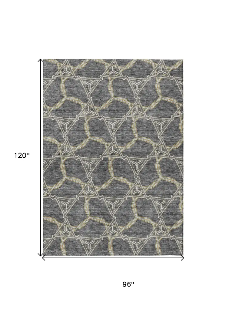 8' X 10' Charcoal And Gold Geometric Washable Indoor Outdoor Area Rug