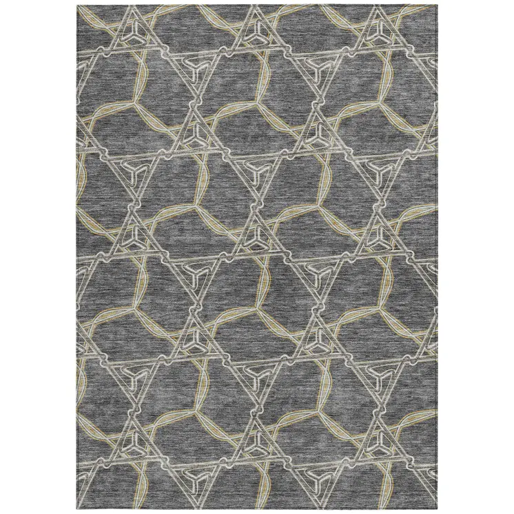 9' X 12' Charcoal And Gold Geometric Washable Indoor Outdoor Area Rug