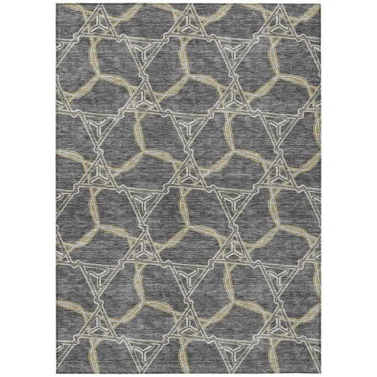 9' X 12' Charcoal And Gold Geometric Washable Indoor Outdoor Area Rug