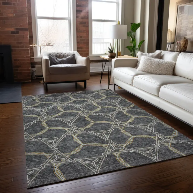 9' X 12' Charcoal And Gold Geometric Washable Indoor Outdoor Area Rug
