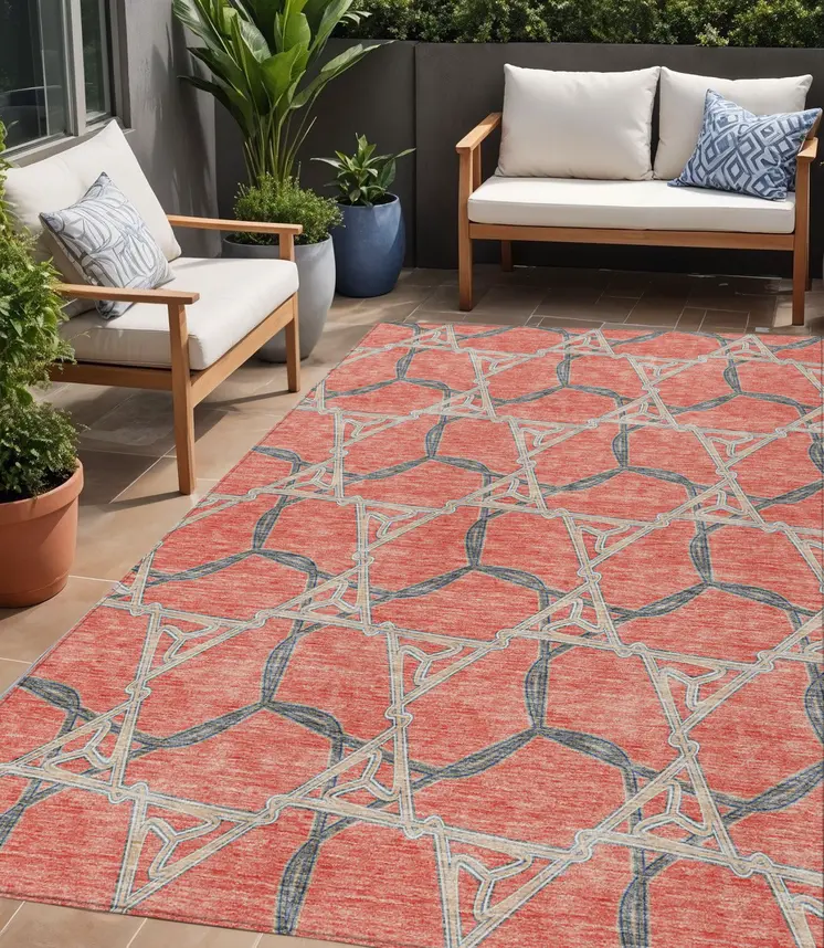 5' X 8' Coral And Taupe Geometric Washable Indoor Outdoor Area Rug