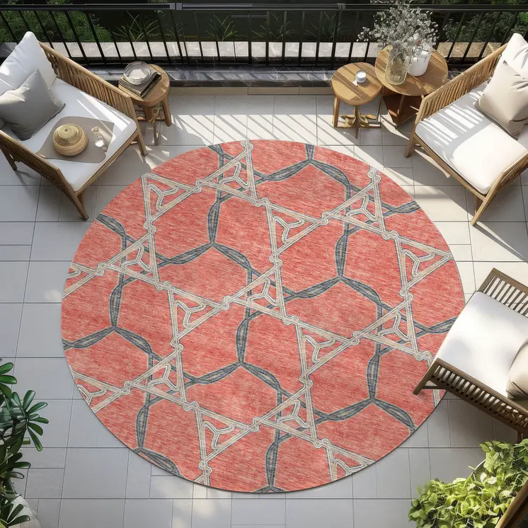 8' Coral And Taupe Round Geometric Washable Indoor Outdoor Area Rug