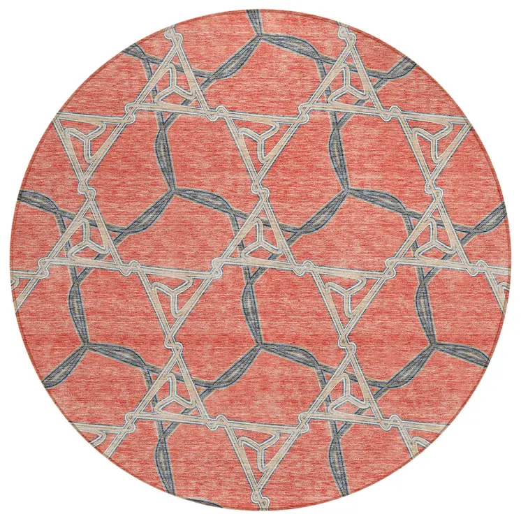 8' Coral And Taupe Round Geometric Washable Indoor Outdoor Area Rug