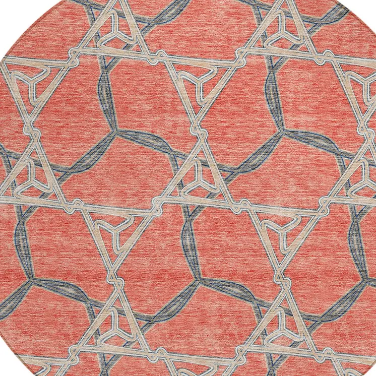 8' Coral And Taupe Round Geometric Washable Indoor Outdoor Area Rug