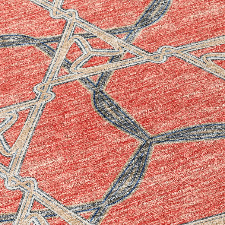 8' Coral And Taupe Round Geometric Washable Indoor Outdoor Area Rug