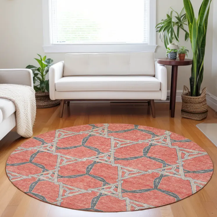 8' Coral And Taupe Round Geometric Washable Indoor Outdoor Area Rug