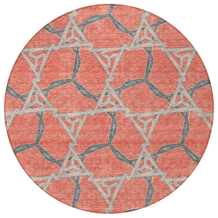 8' Coral And Taupe Round Geometric Washable Indoor Outdoor Area Rug