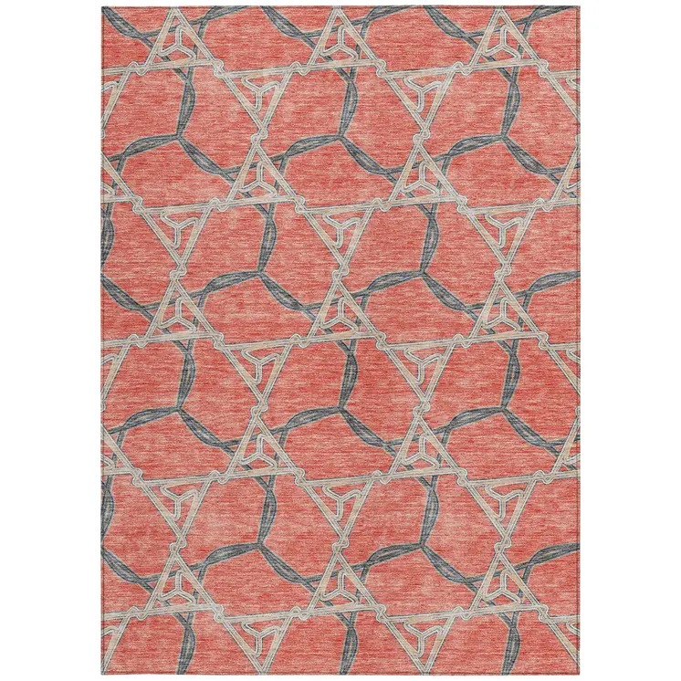 8' X 10' Coral And Taupe Geometric Washable Indoor Outdoor Area Rug