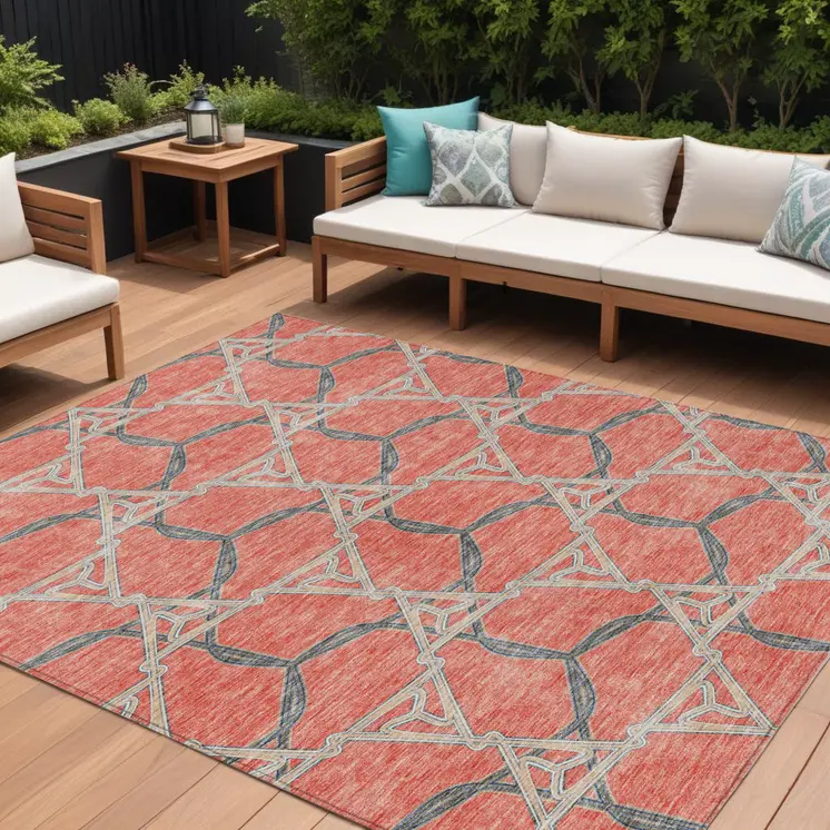 8' X 10' Coral And Taupe Geometric Washable Indoor Outdoor Area Rug