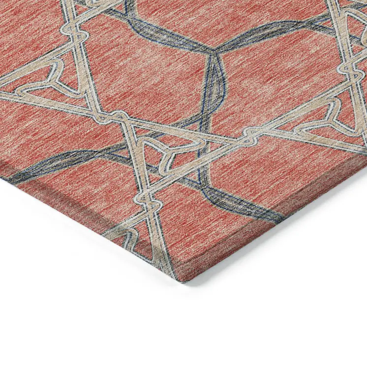 8' X 10' Coral And Taupe Geometric Washable Indoor Outdoor Area Rug