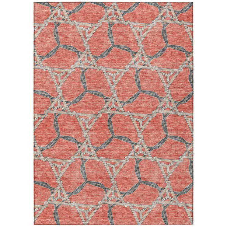 9' X 12' Coral And Taupe Geometric Washable Indoor Outdoor Area Rug