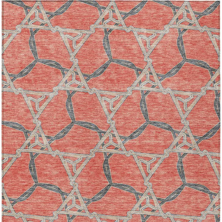 9' X 12' Coral And Taupe Geometric Washable Indoor Outdoor Area Rug