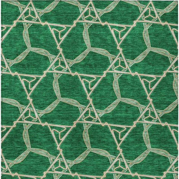 3' X 5' Emerald And Beige Geometric Washable Indoor Outdoor Area Rug