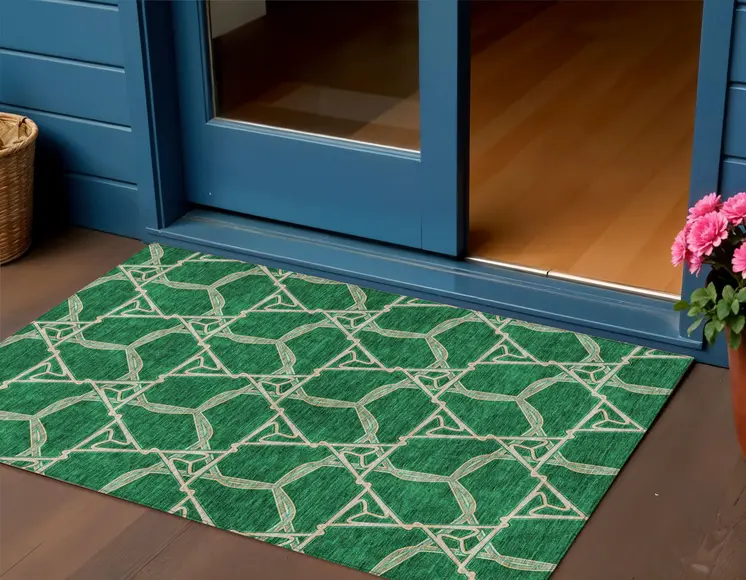3' X 5' Emerald And Beige Geometric Washable Indoor Outdoor Area Rug