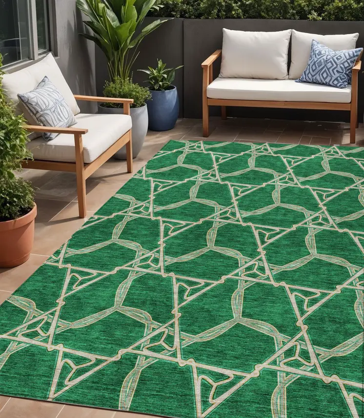 5' X 8' Emerald And Beige Geometric Washable Indoor Outdoor Area Rug
