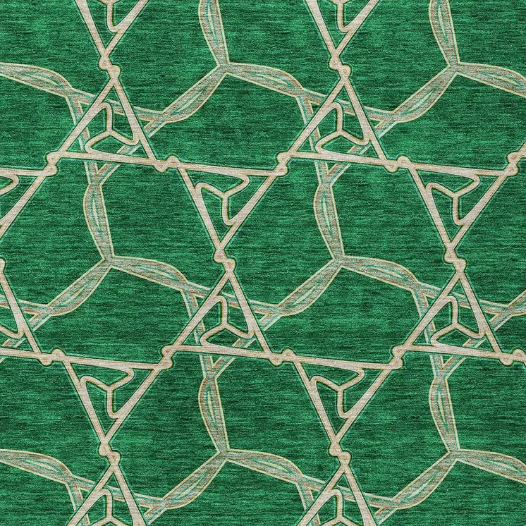 5' X 8' Emerald And Beige Geometric Washable Indoor Outdoor Area Rug