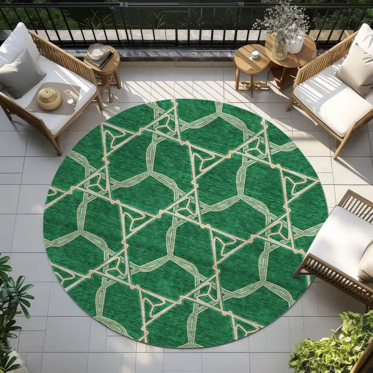 8' Emerald And Beige Round Geometric Washable Indoor Outdoor Area Rug