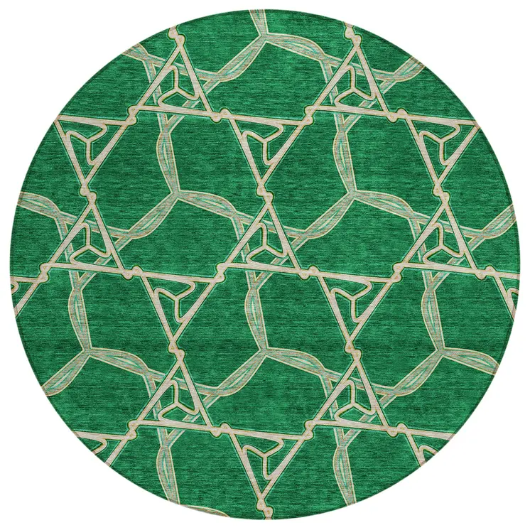 8' Emerald And Beige Round Geometric Washable Indoor Outdoor Area Rug