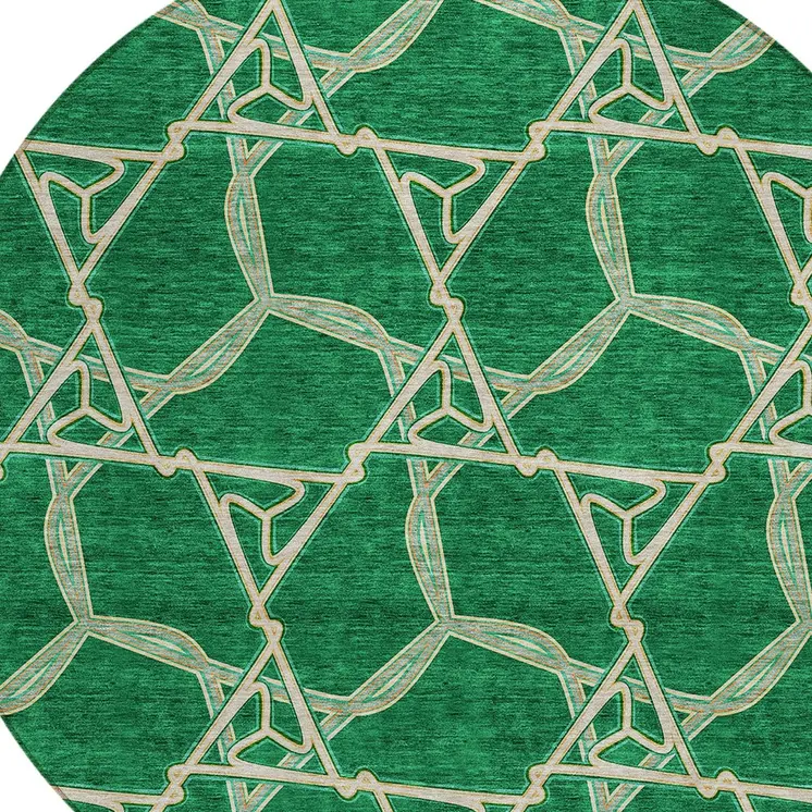 8' Emerald And Beige Round Geometric Washable Indoor Outdoor Area Rug