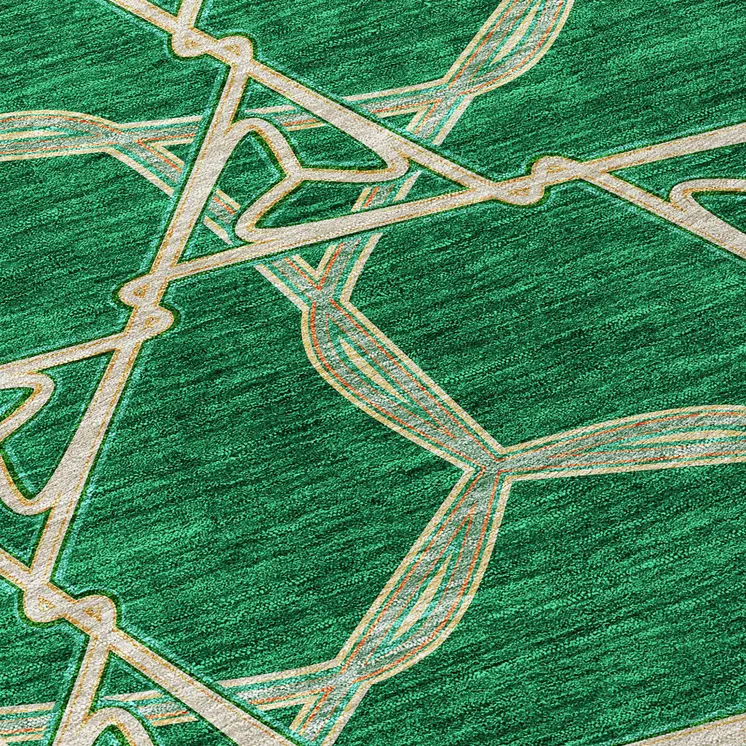 8' Emerald And Beige Round Geometric Washable Indoor Outdoor Area Rug