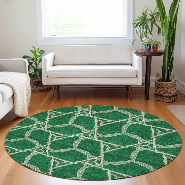 8' Emerald And Beige Round Geometric Washable Indoor Outdoor Area Rug