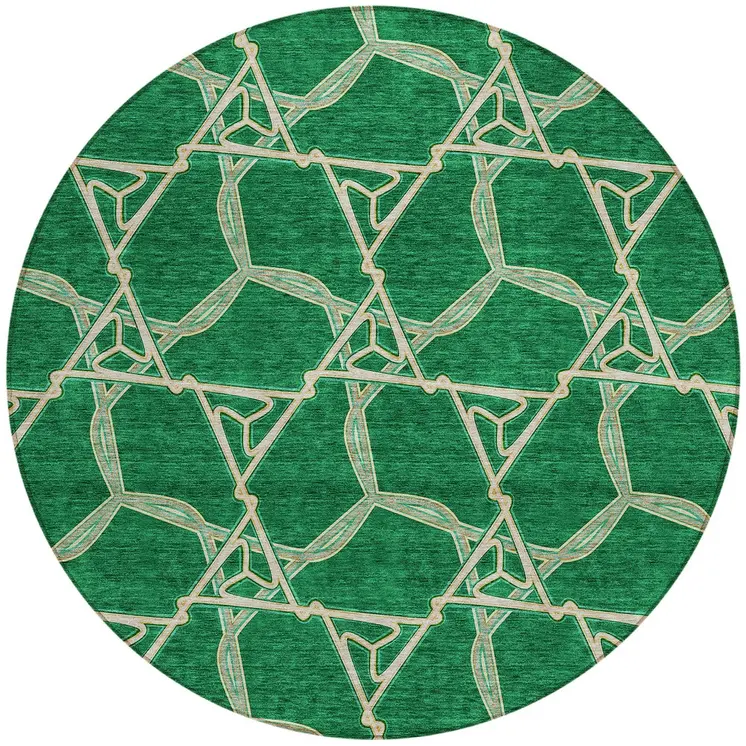 8' Emerald And Beige Round Geometric Washable Indoor Outdoor Area Rug
