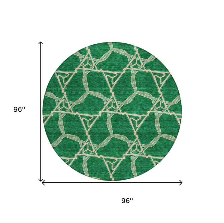 8' Emerald And Beige Round Geometric Washable Indoor Outdoor Area Rug
