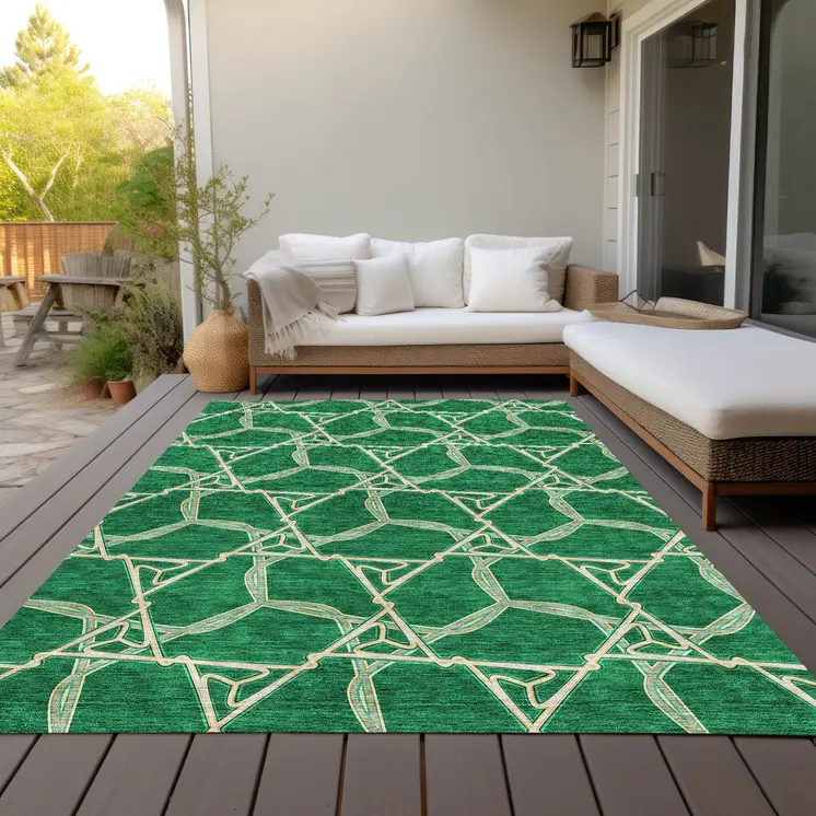 8' X 10' Emerald And Beige Geometric Washable Indoor Outdoor Area Rug