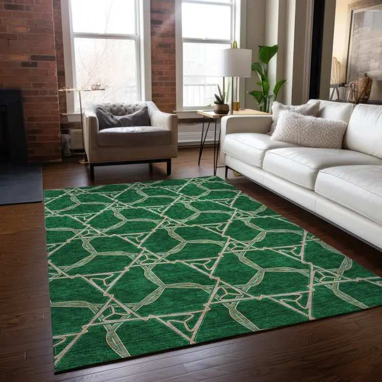 8' X 10' Emerald And Beige Geometric Washable Indoor Outdoor Area Rug