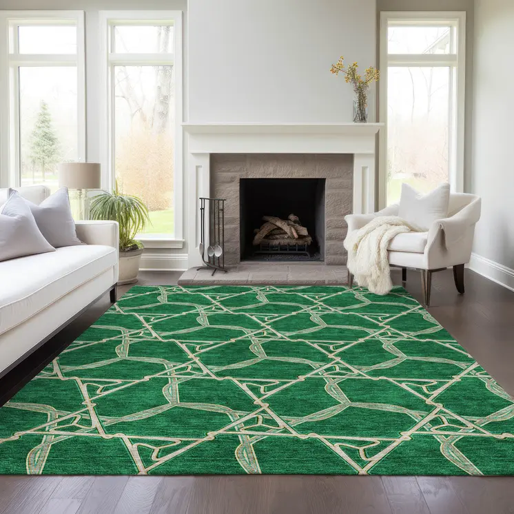 8' X 10' Emerald And Beige Geometric Washable Indoor Outdoor Area Rug