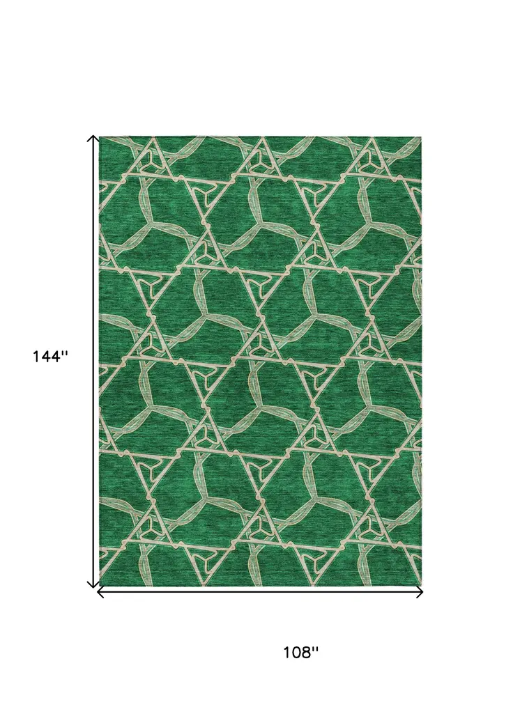 9' X 12' Emerald And Beige Geometric Washable Indoor Outdoor Area Rug