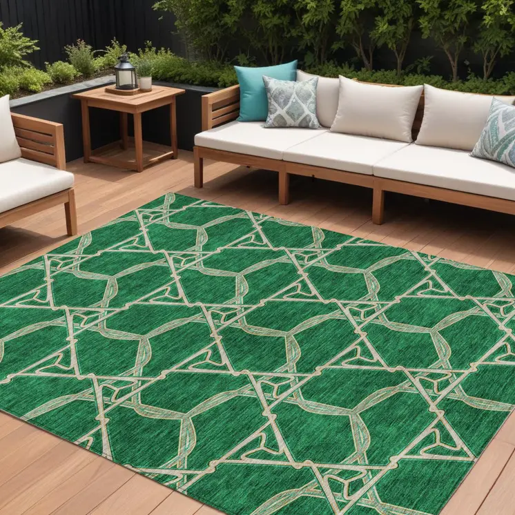 9' X 12' Emerald And Beige Geometric Washable Indoor Outdoor Area Rug