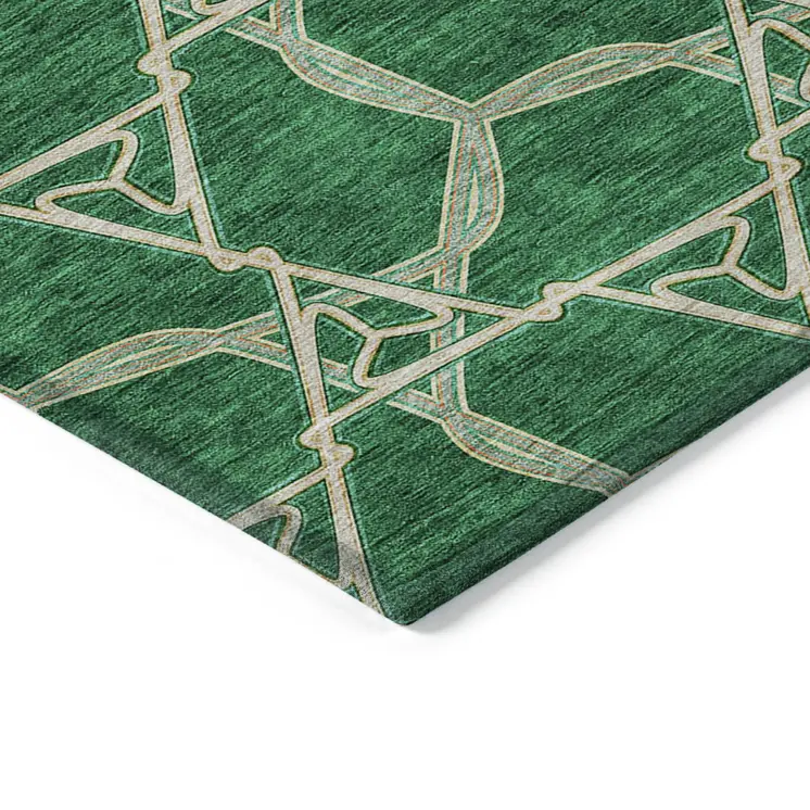 9' X 12' Emerald And Beige Geometric Washable Indoor Outdoor Area Rug