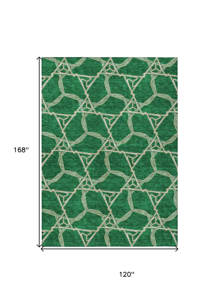 10' X 14' Emerald And Beige Geometric Washable Indoor Outdoor Area Rug