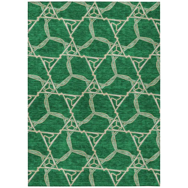 10' X 14' Emerald And Beige Geometric Washable Indoor Outdoor Area Rug