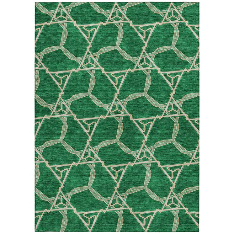 10' X 14' Emerald And Beige Geometric Washable Indoor Outdoor Area Rug
