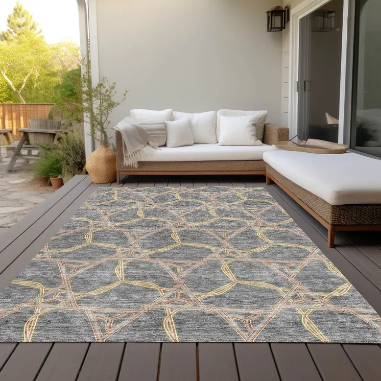 3' X 5' Gray And Brown Geometric Washable Indoor Outdoor Area Rug