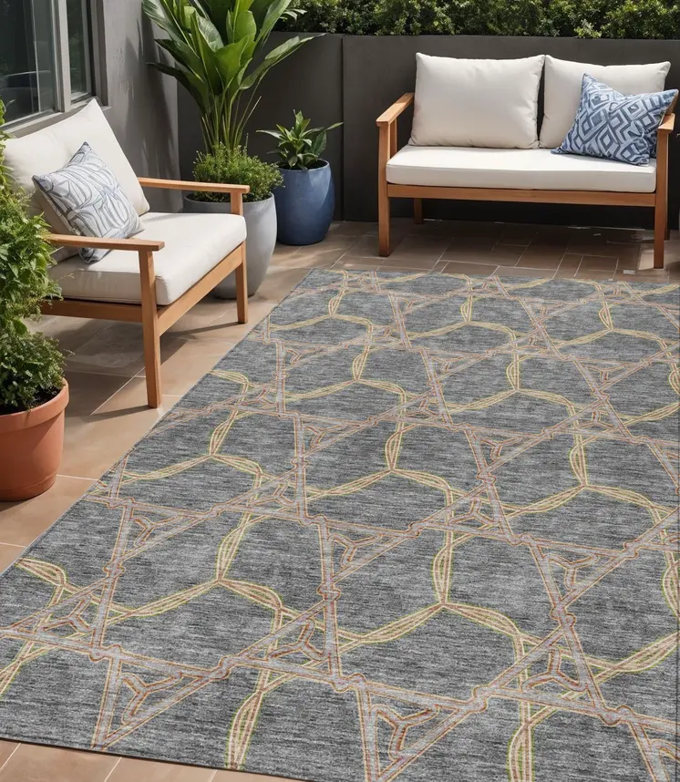 5' X 8' Gray And Brown Geometric Washable Indoor Outdoor Area Rug