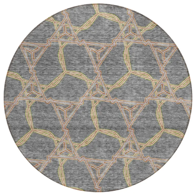 8' Gray And Brown Round Geometric Washable Indoor Outdoor Area Rug