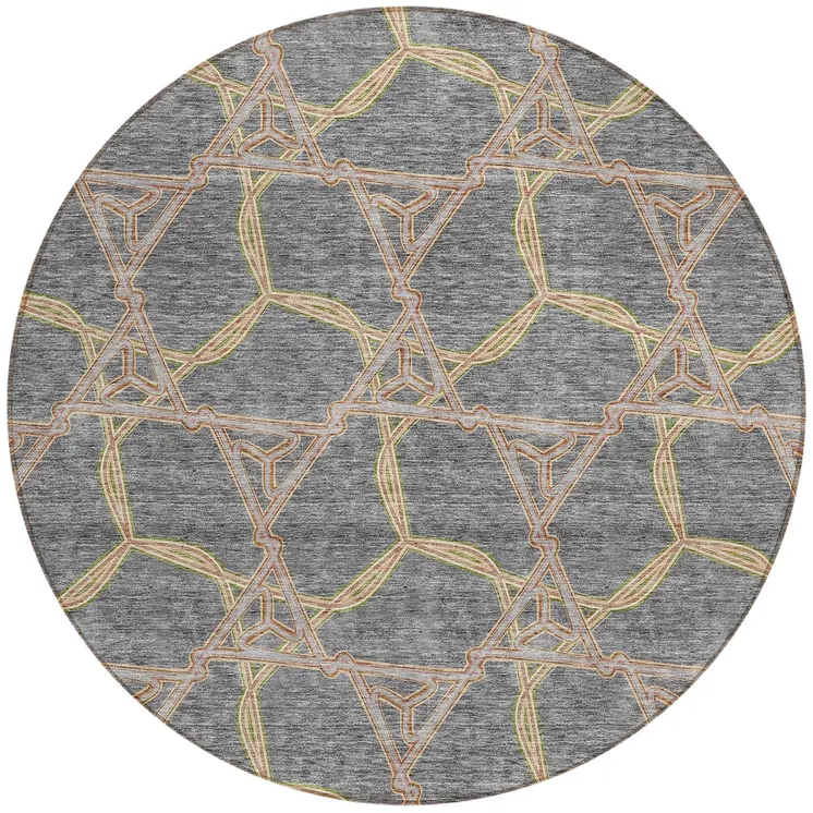 8' Gray And Brown Round Geometric Washable Indoor Outdoor Area Rug