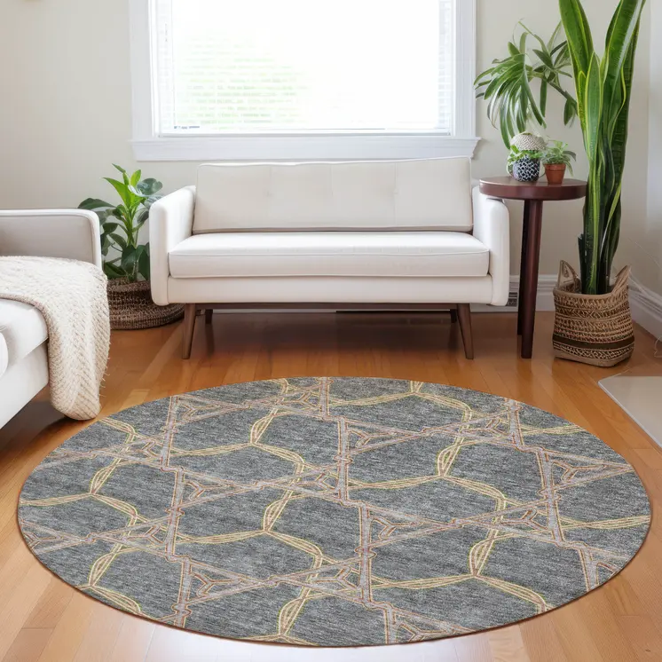 8' Gray And Brown Round Geometric Washable Indoor Outdoor Area Rug
