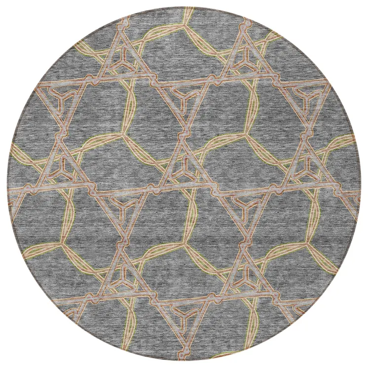 8' Gray And Brown Round Geometric Washable Indoor Outdoor Area Rug