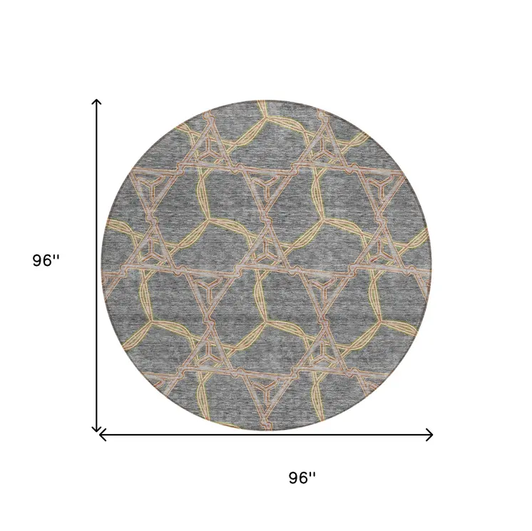 8' Gray And Brown Round Geometric Washable Indoor Outdoor Area Rug