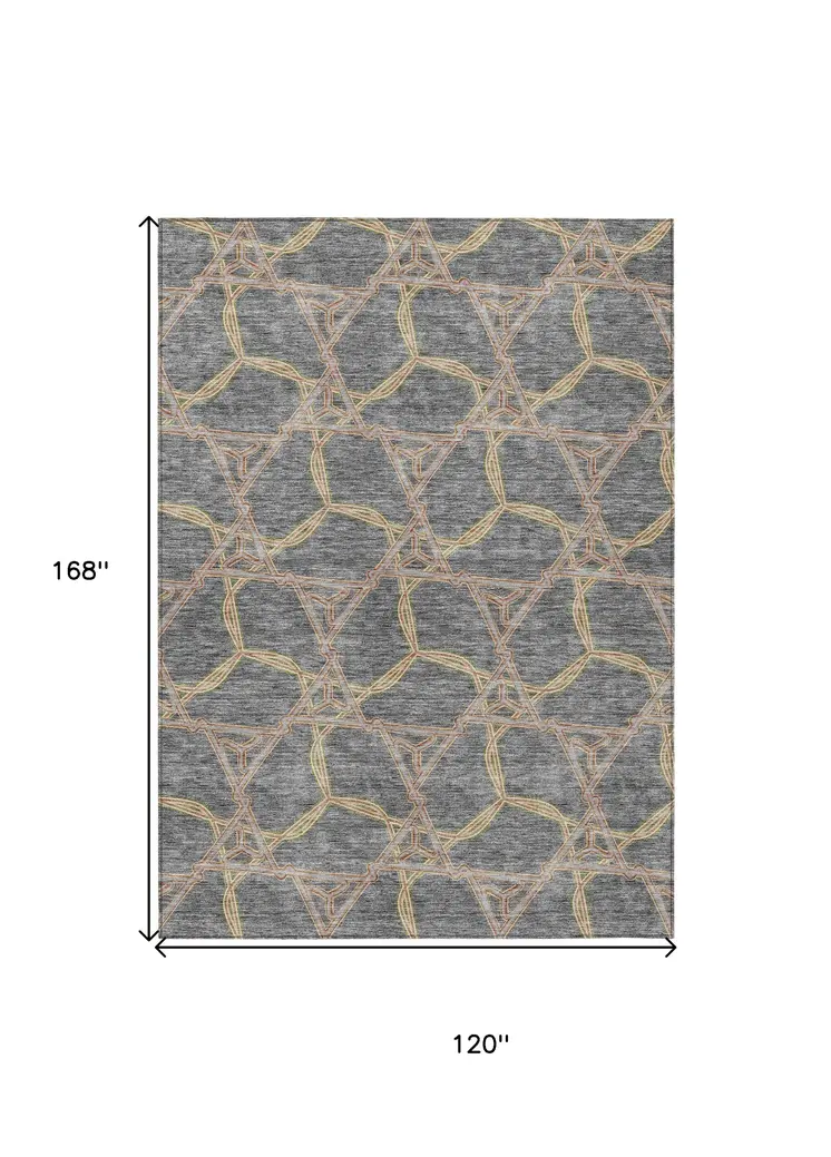 10' X 14' Gray And Brown Geometric Washable Indoor Outdoor Area Rug